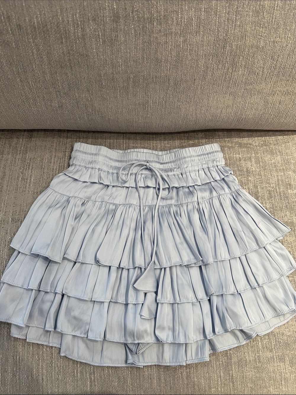 Tiered Light Blue Ruffle Mini Skort with Drawstring Waist. Stunning fabric!